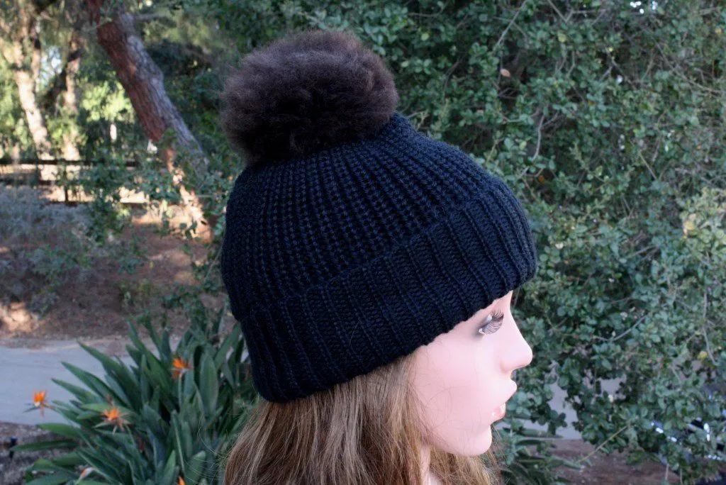 100% Alpaca Pom-Pom Channel Beanie Hat