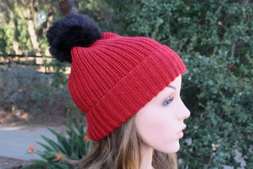 100% Alpaca Pom-Pom Channel Beanie Hat