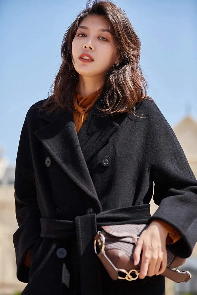 100% Wool Elegant Double Breasted Belted Warm Wool Coat