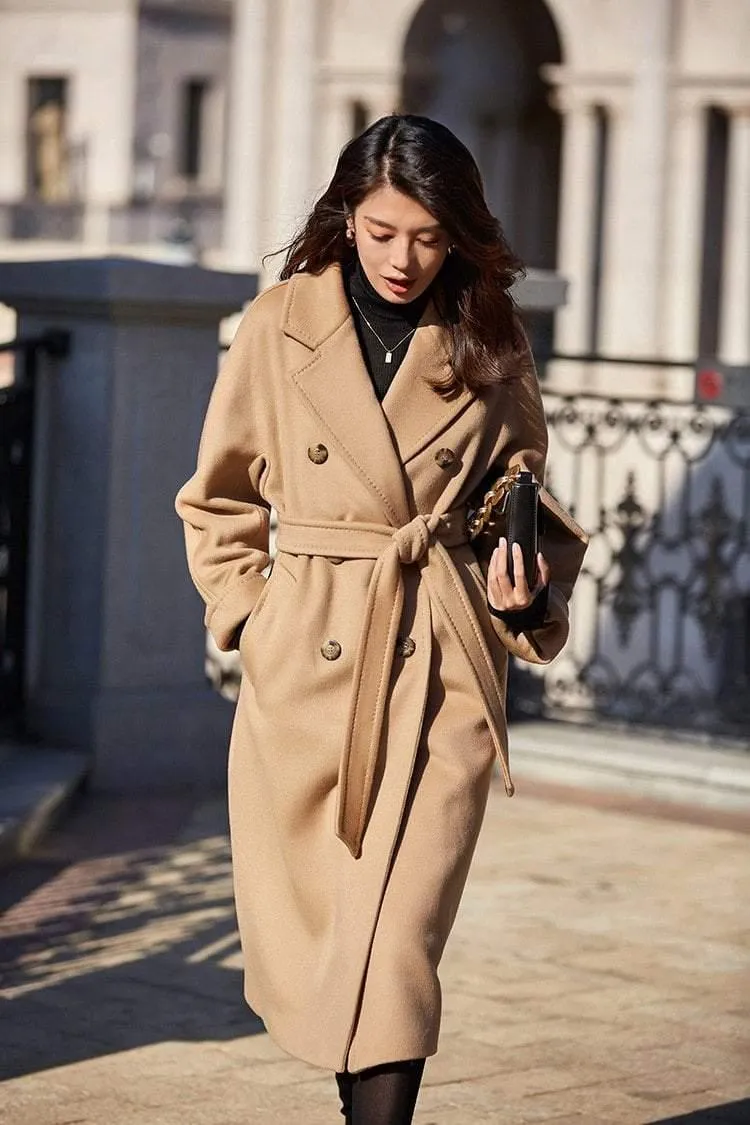 100% Wool Elegant Double Breasted Belted Warm Wool Coat