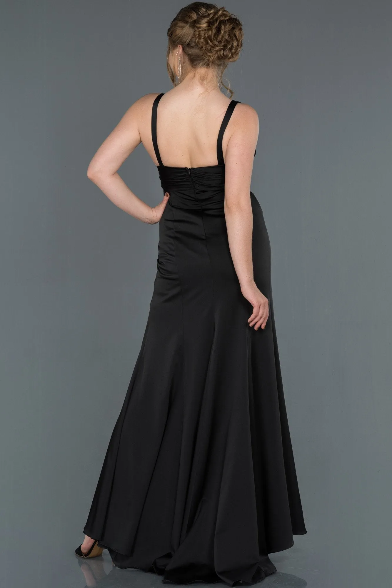 16913 Black Draped Wrap Skirt Satin Slit Dress