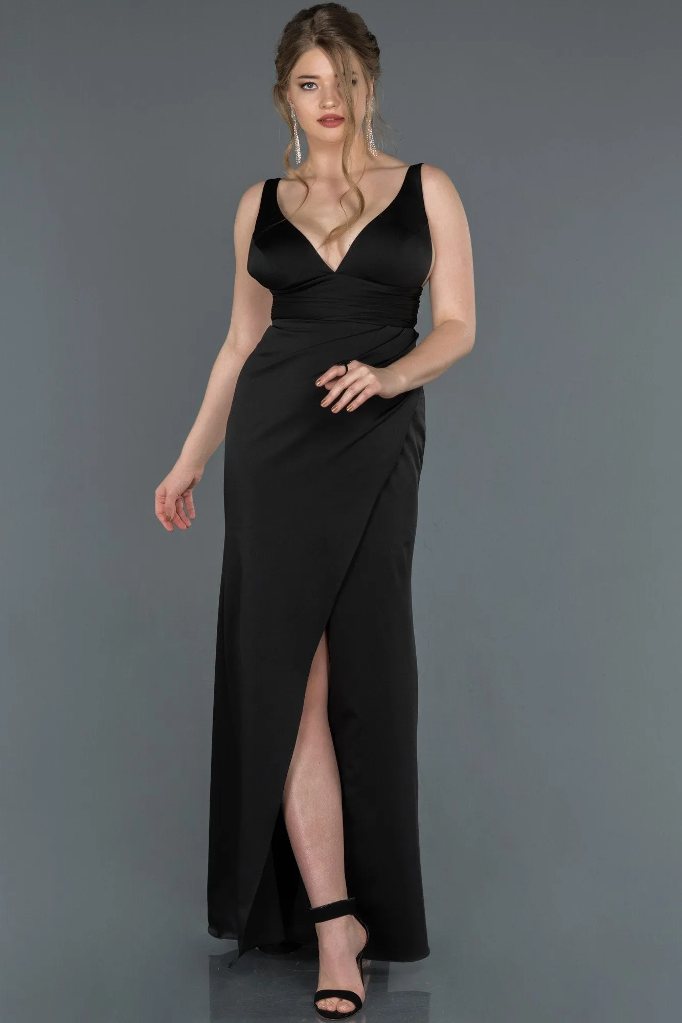 16913 Black Draped Wrap Skirt Satin Slit Dress