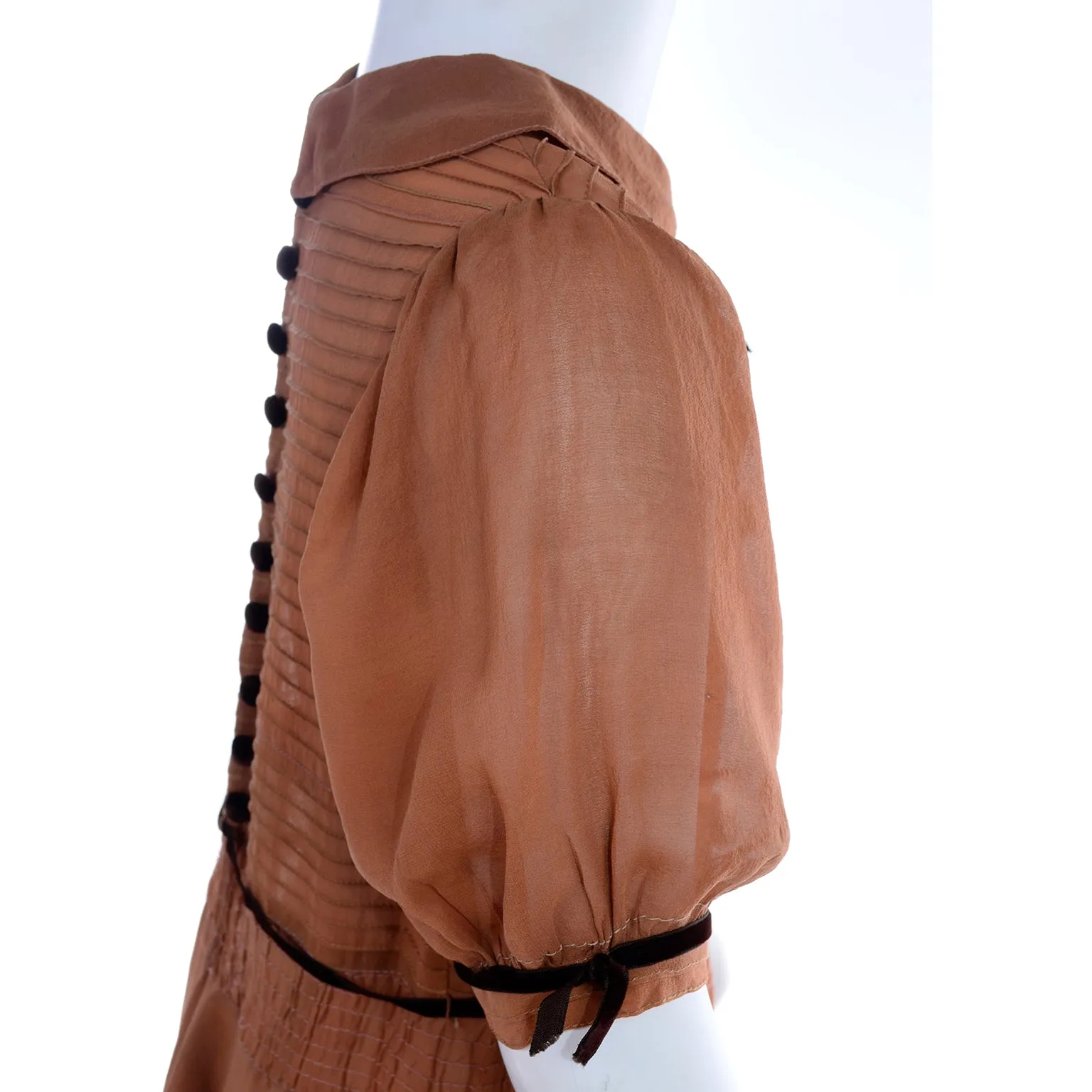 1920s Brown Silk Girls Dress With Velvet Bows