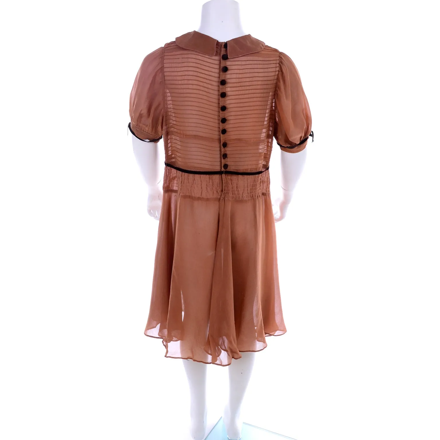 1920s Brown Silk Girls Dress With Velvet Bows