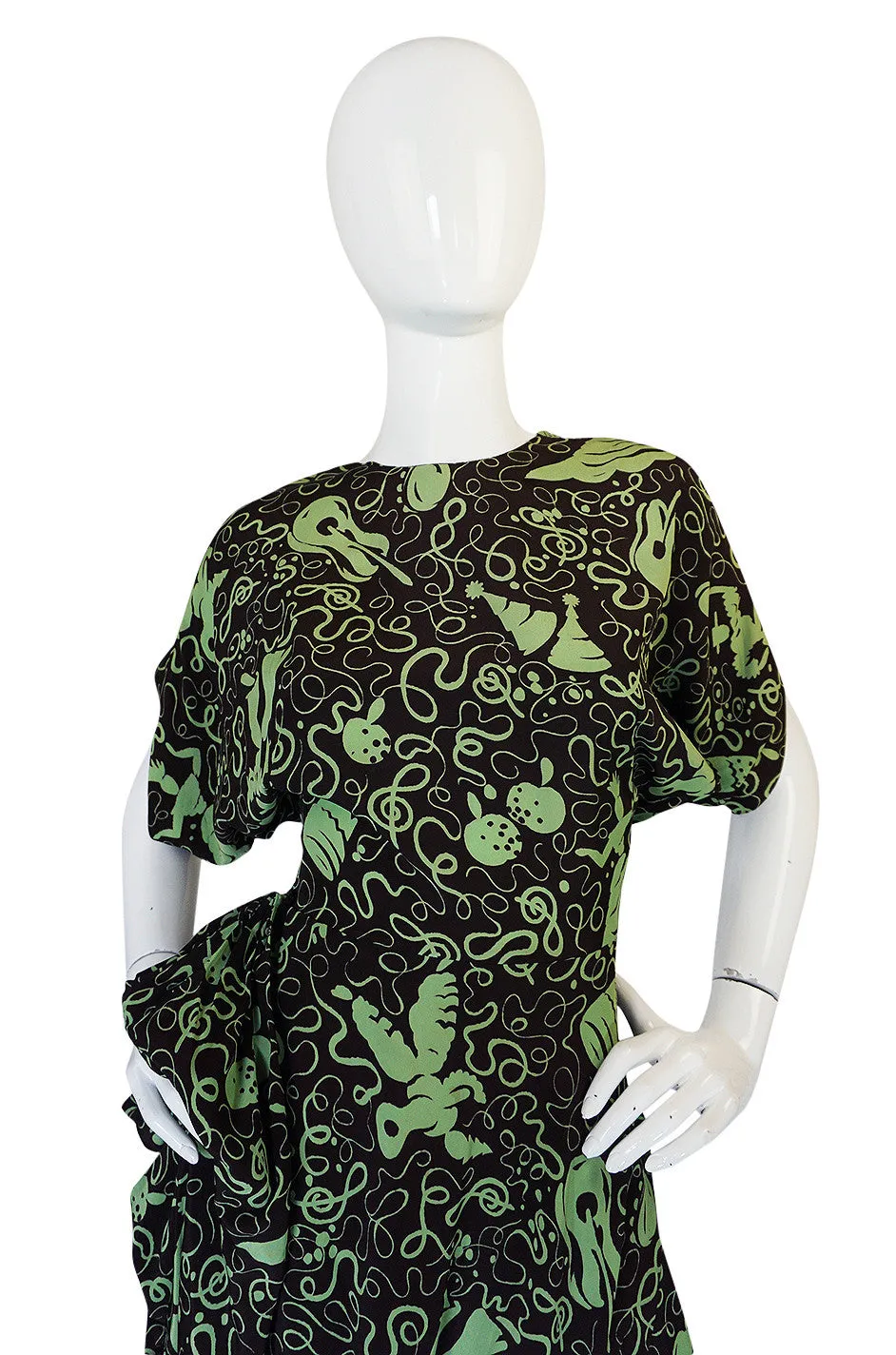 1940s Green & Chocolate Music Print Novelty Swing Dress