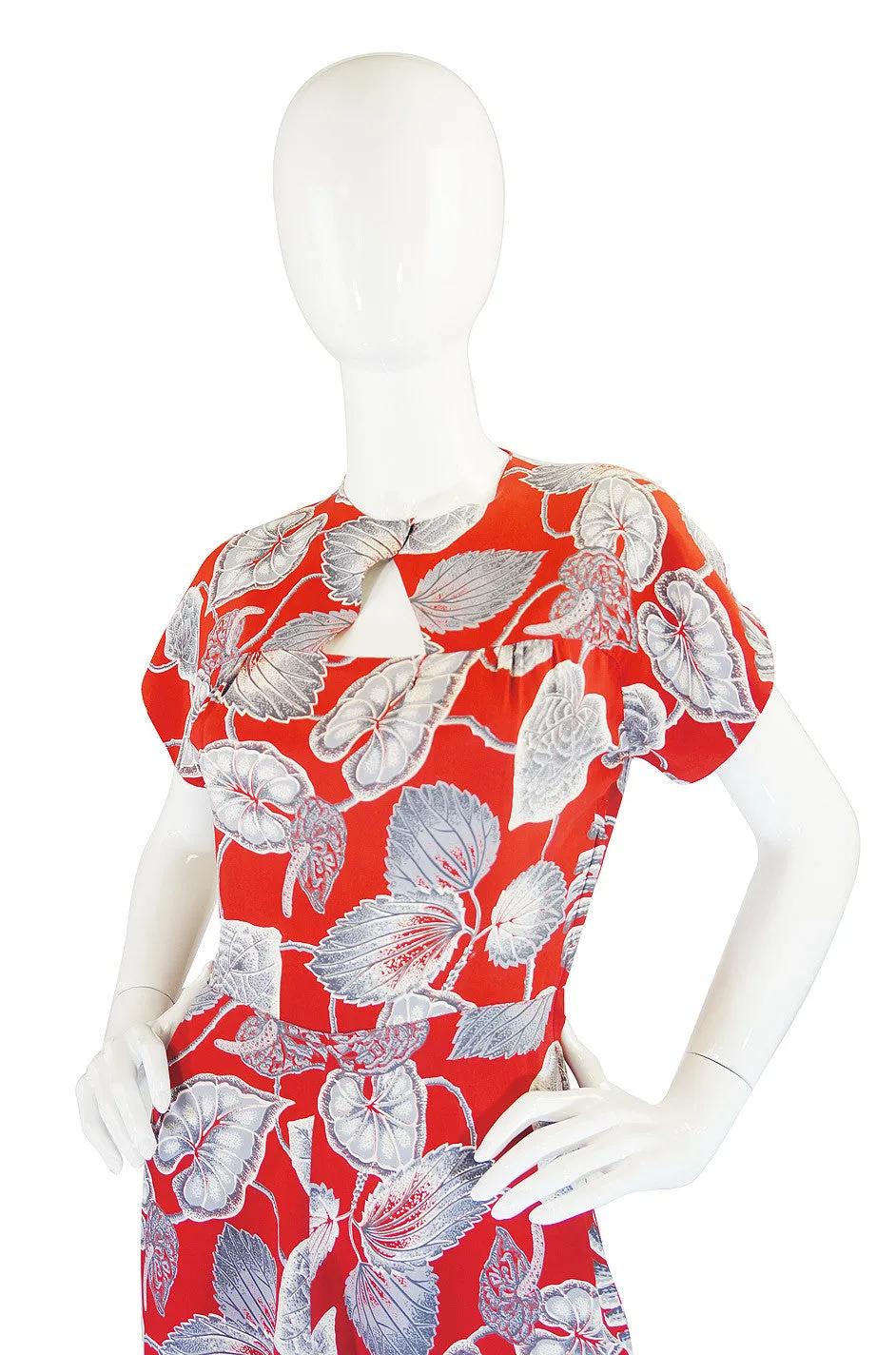 1940s Lily Print Red Rayon Swing Dress