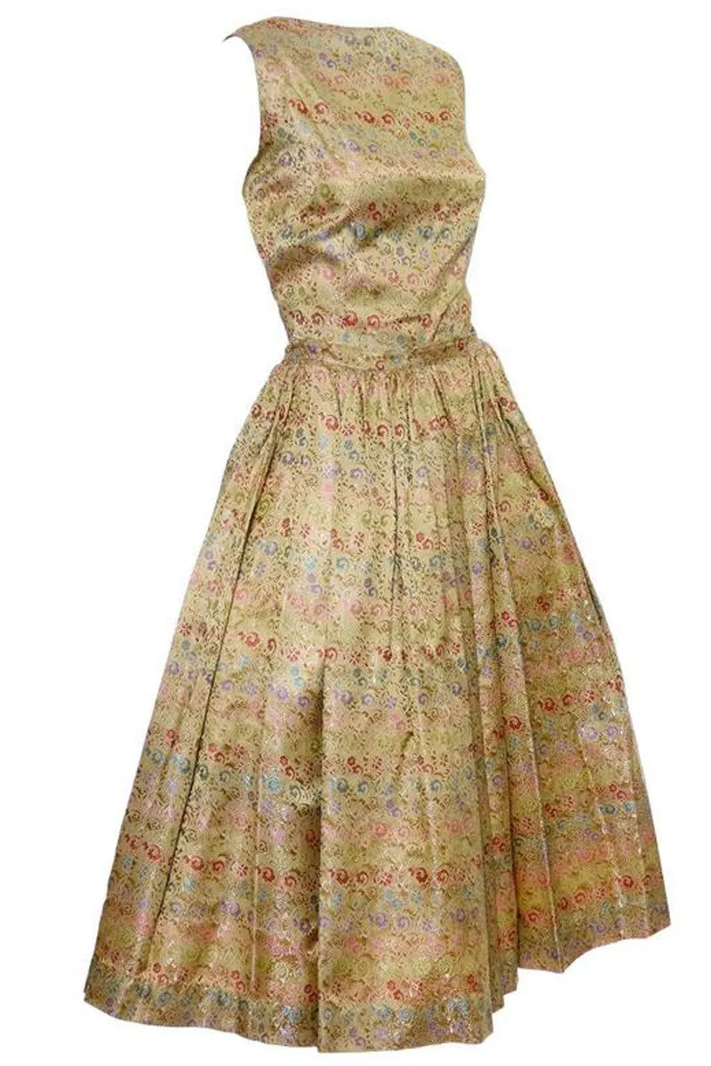 1950s Vintage Nelly de Grab New York Gold Brocade Floral 2 Piece Dress