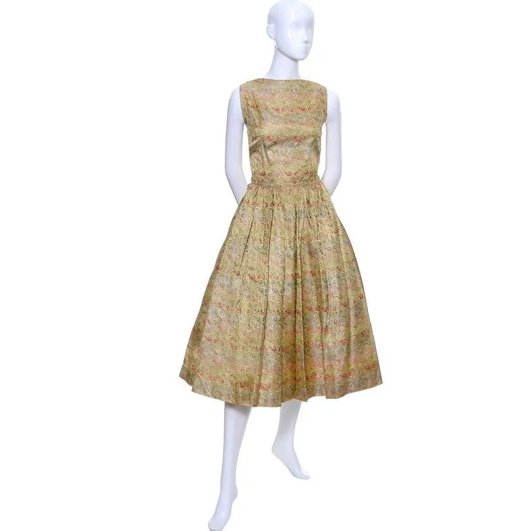 1950s Vintage Nelly de Grab New York Gold Brocade Floral 2 Piece Dress