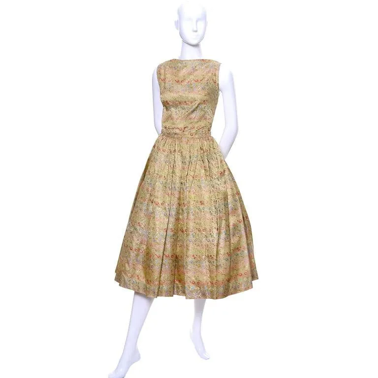 1950s Vintage Nelly de Grab New York Gold Brocade Floral 2 Piece Dress