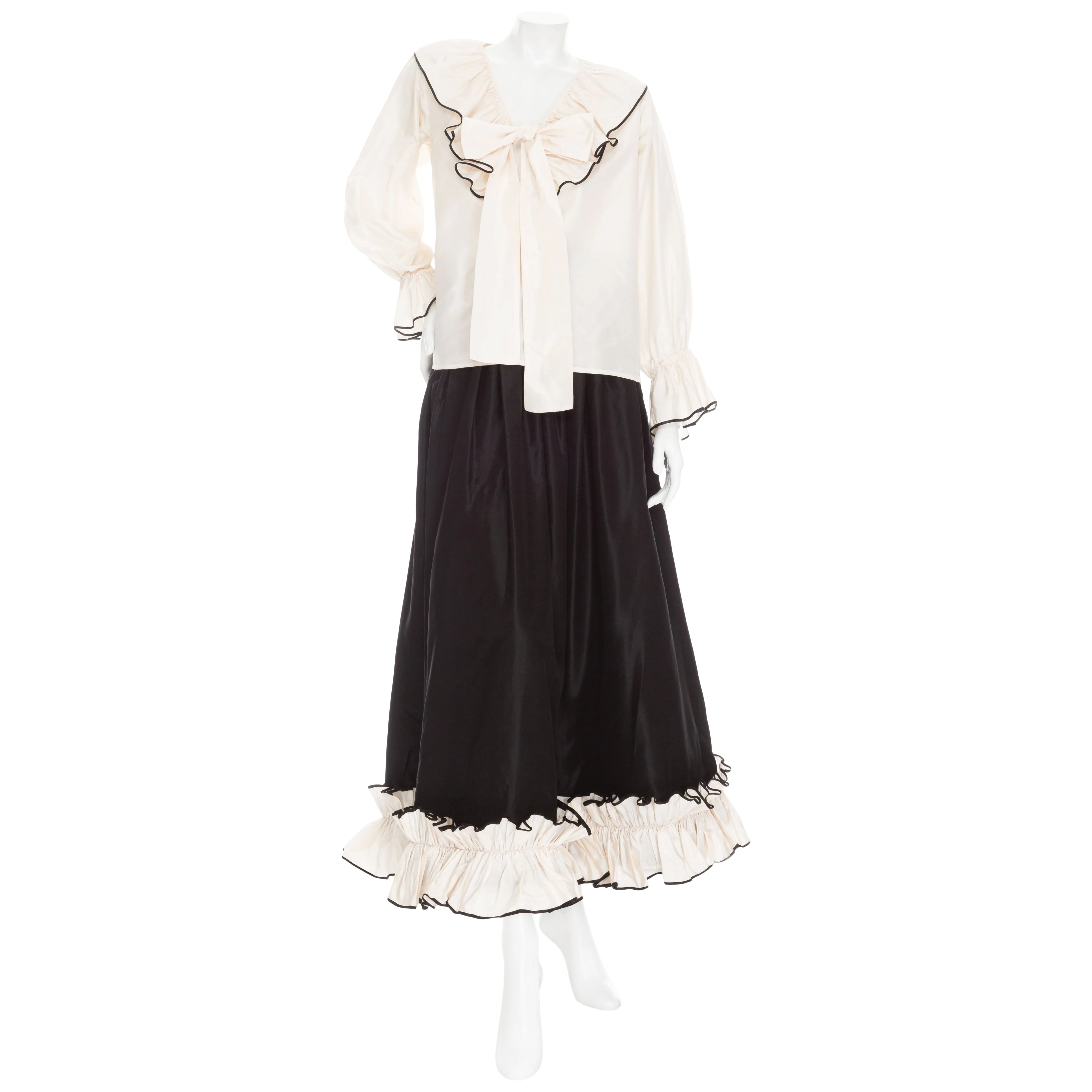 1970s Black and White Silk Taffeta Ruffled Two-Piece Top & Skirt Set