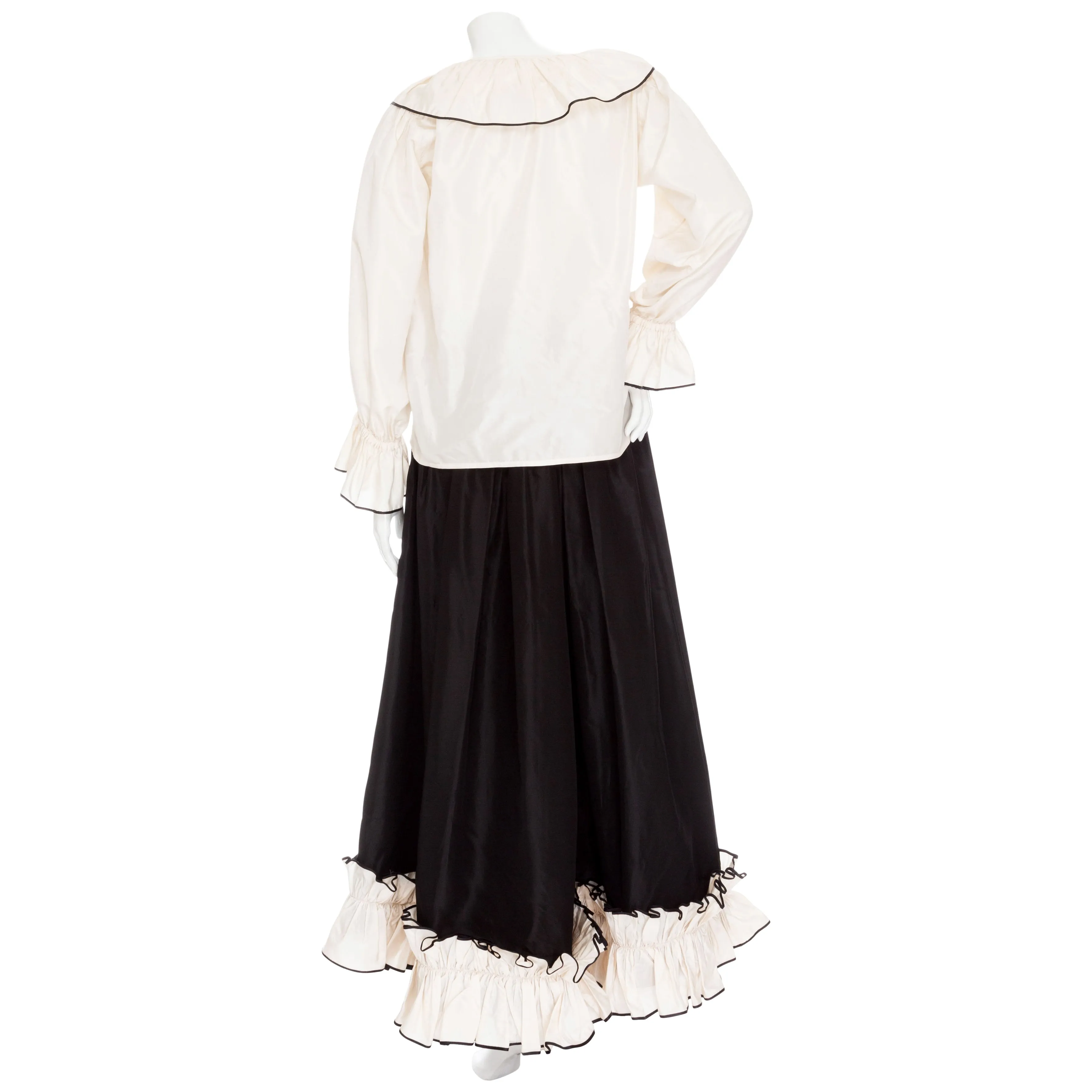 1970s Black and White Silk Taffeta Ruffled Two-Piece Top & Skirt Set