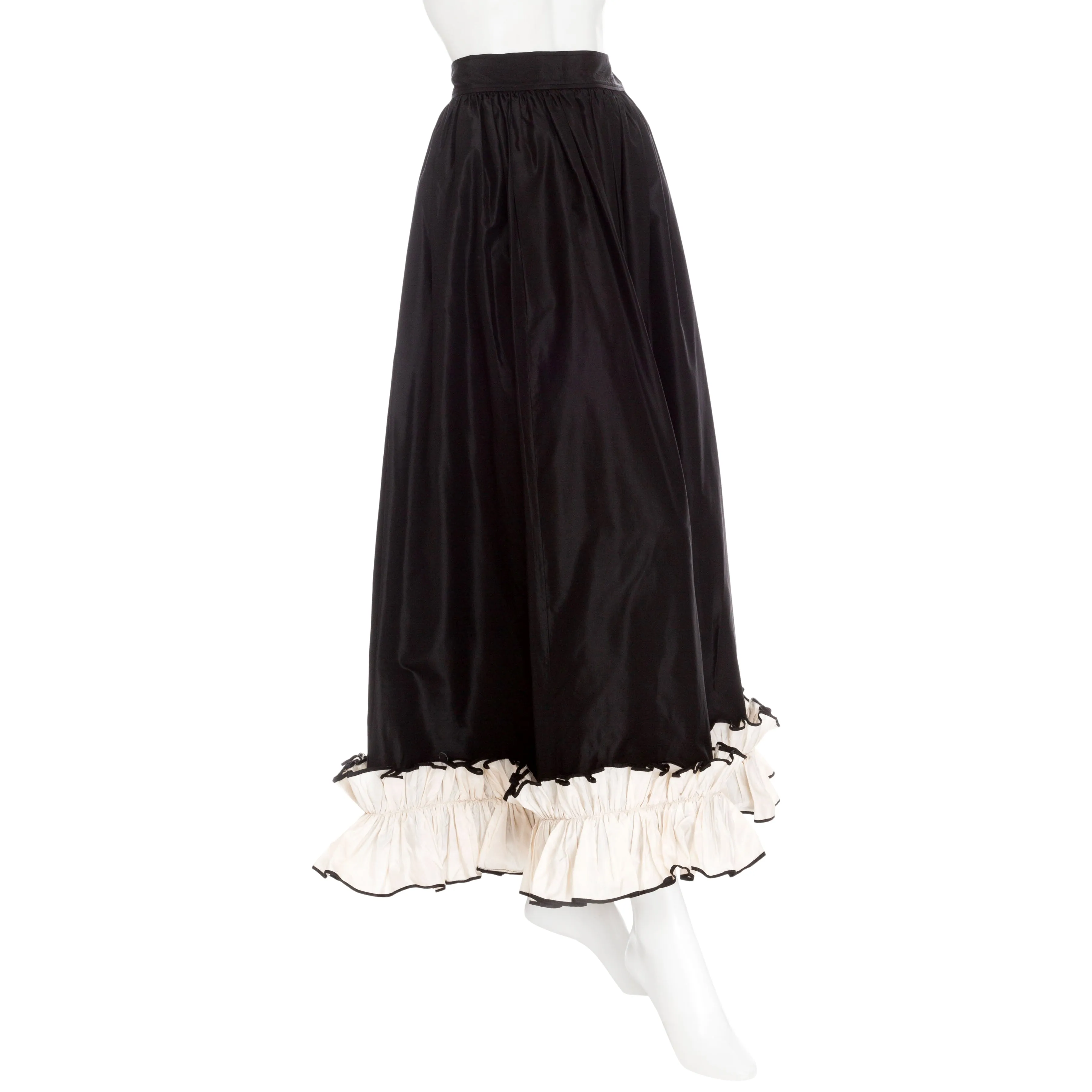 1970s Black and White Silk Taffeta Ruffled Two-Piece Top & Skirt Set