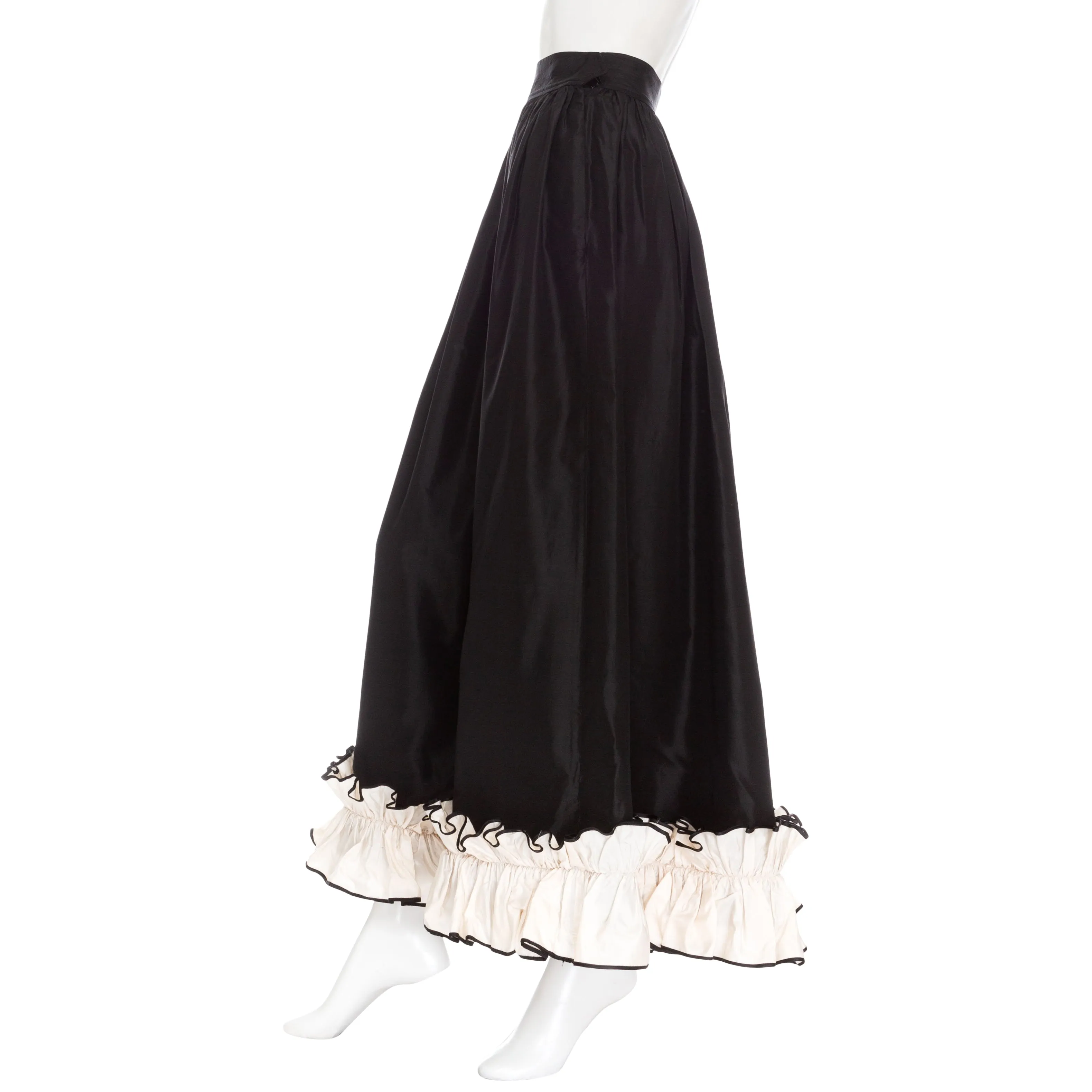 1970s Black and White Silk Taffeta Ruffled Two-Piece Top & Skirt Set