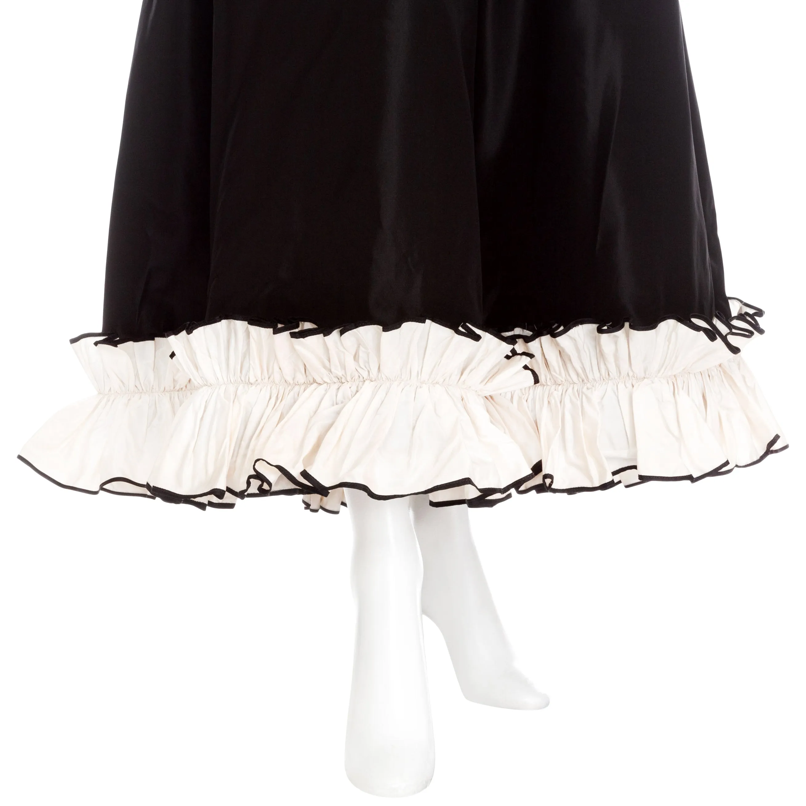 1970s Black and White Silk Taffeta Ruffled Two-Piece Top & Skirt Set