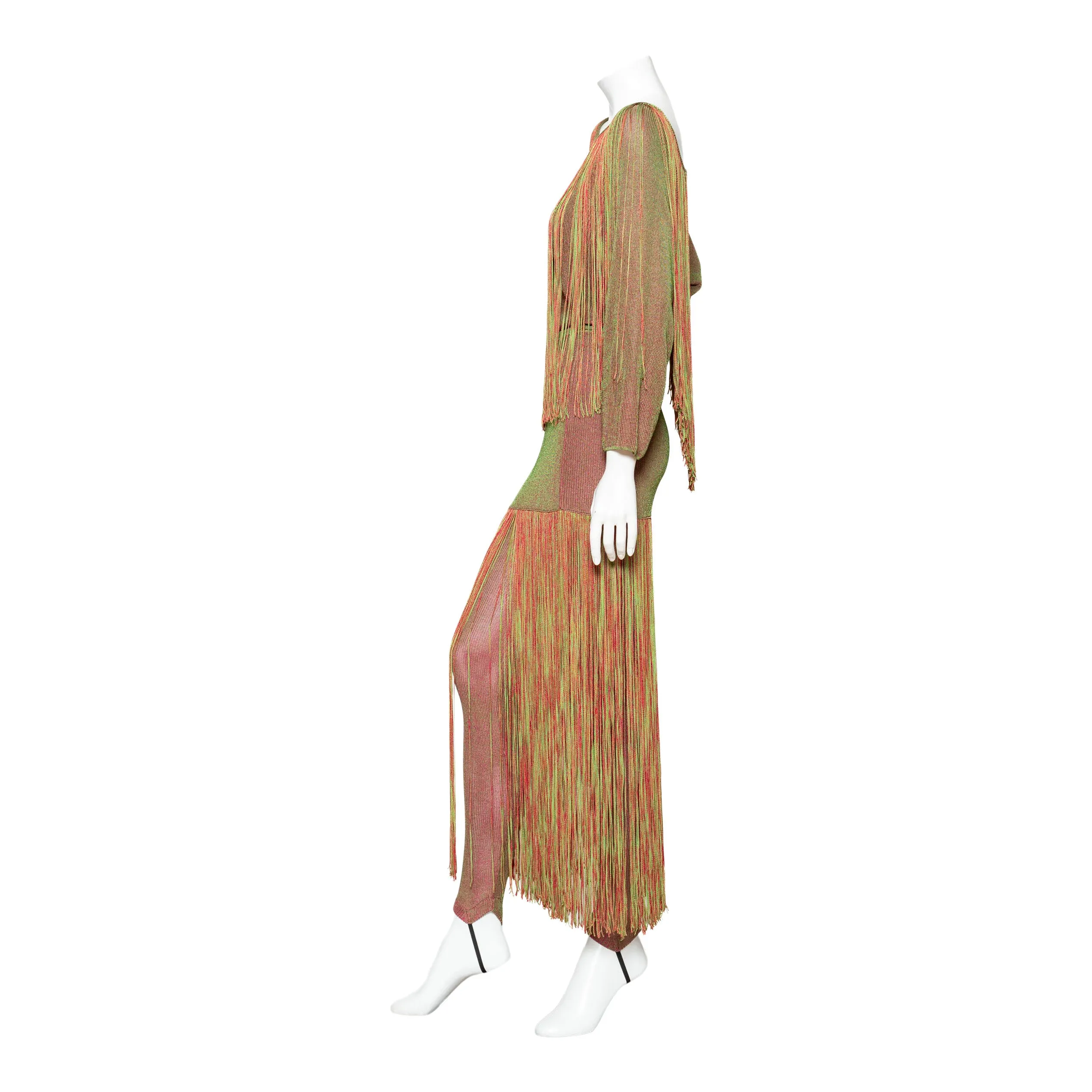 1980s Equator Red and Green Fringed Three-Piece Knit Top, Skirt, and Leggings Set