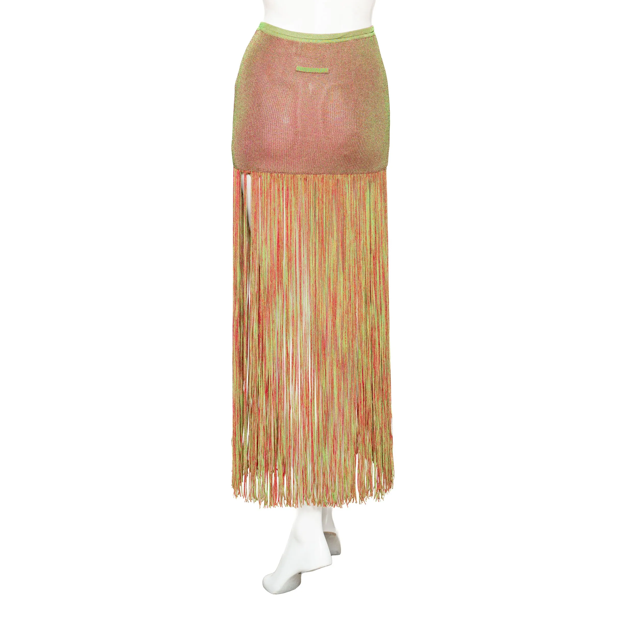 1980s Equator Red and Green Fringed Three-Piece Knit Top, Skirt, and Leggings Set