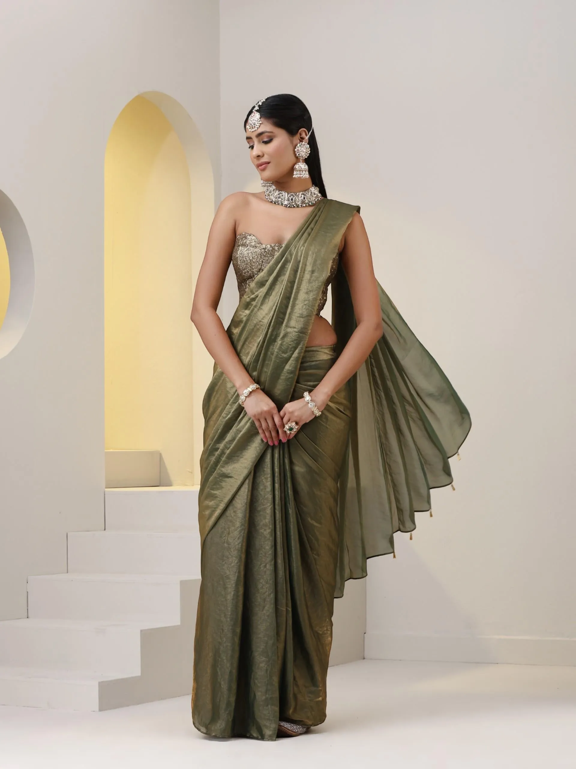 2 pc SET - Copper Green Metallic Satin Pocket Skirt Saree with Gold Corset Blouse