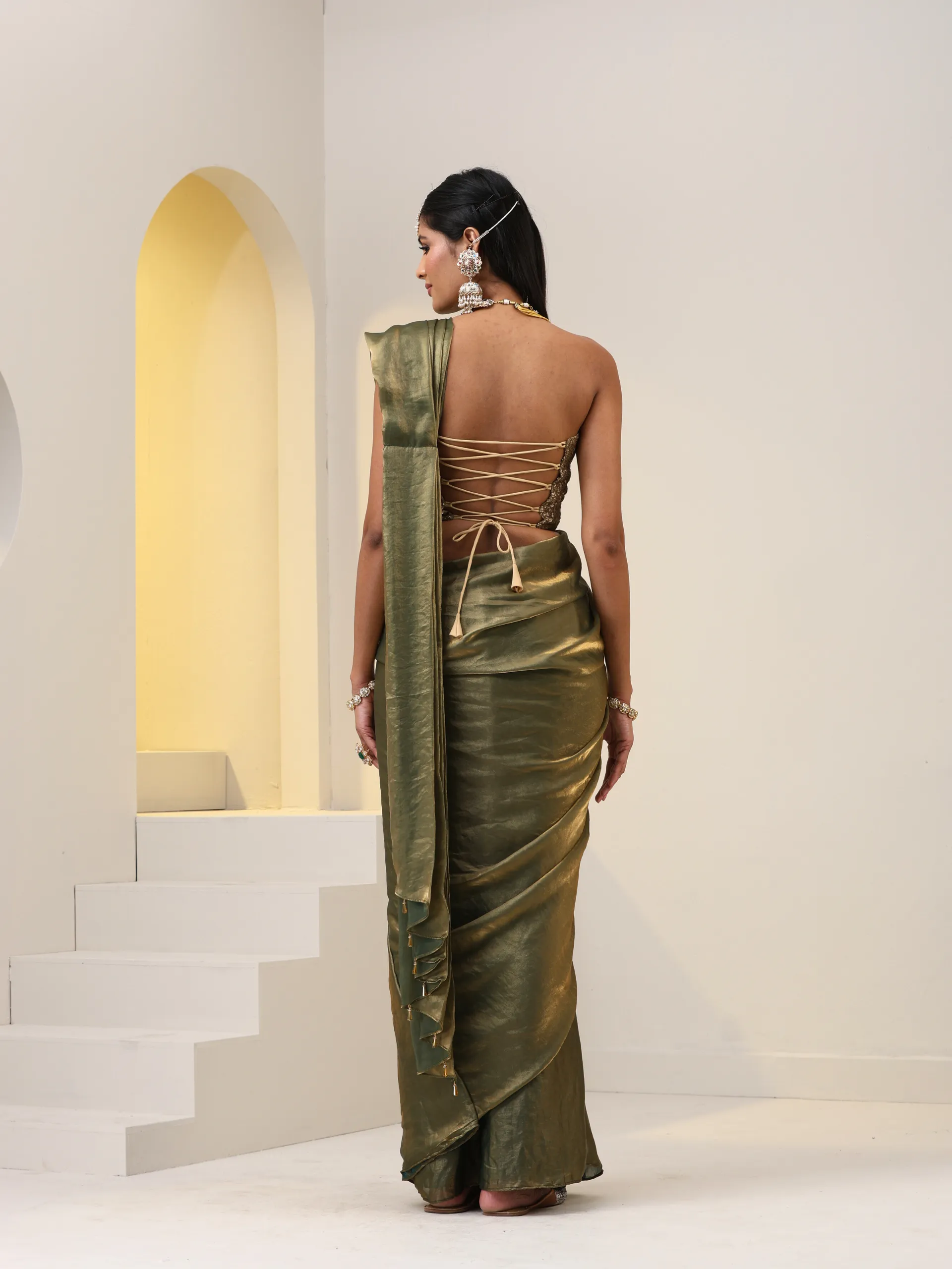 2 pc SET - Copper Green Metallic Satin Pocket Skirt Saree with Gold Corset Blouse