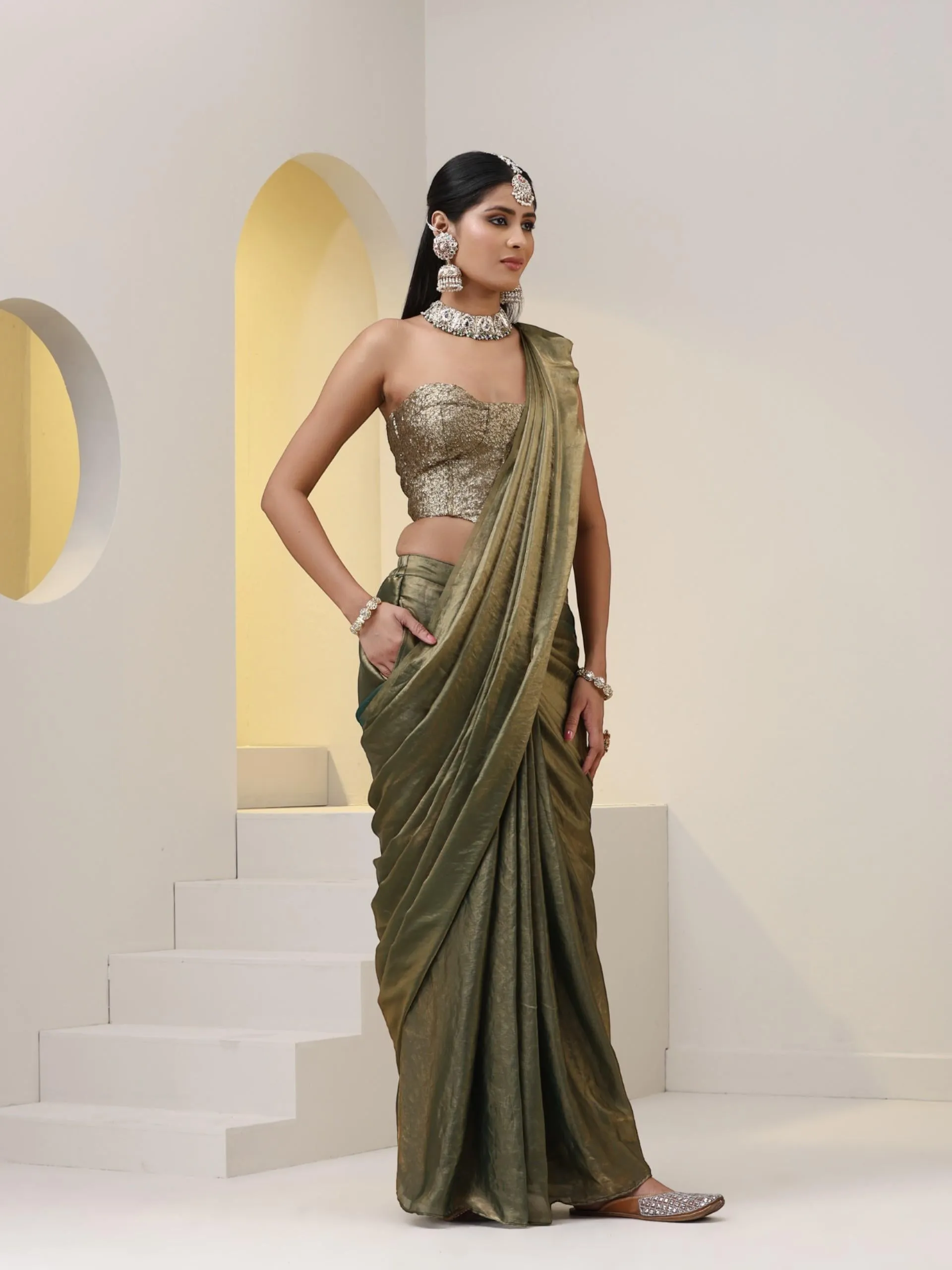 2 pc SET - Copper Green Metallic Satin Pocket Skirt Saree with Gold Corset Blouse