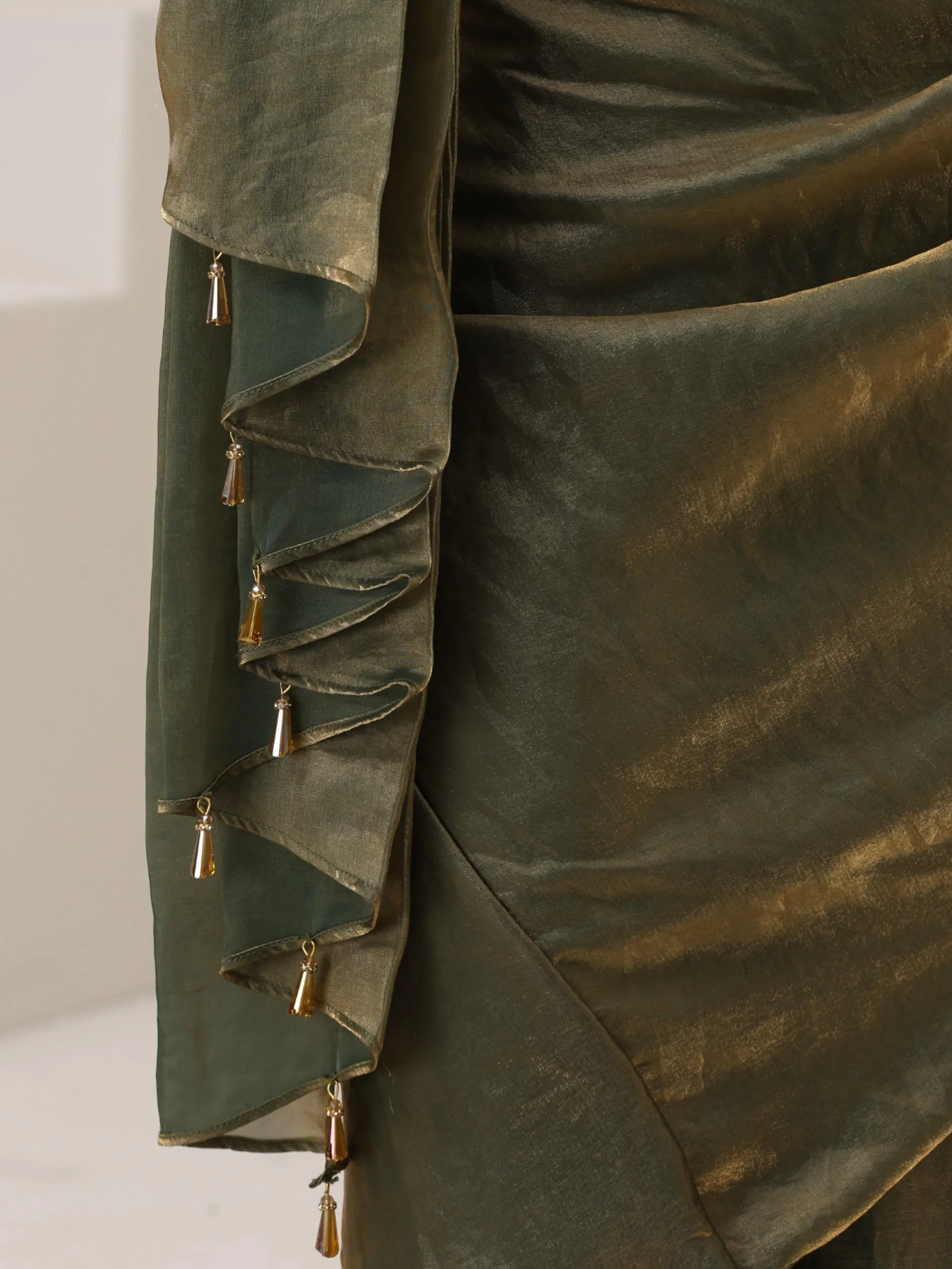 2 pc SET - Copper Green Metallic Satin Pocket Skirt Saree with Gold Corset Blouse