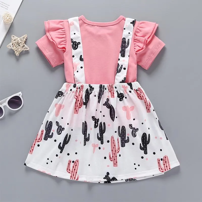 2-Piece Ruffled Top & Cactus Print Suspender Skirt for children Girl wholesale in bulk