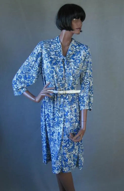 50s Dress Nylon Jersey Print Rhinestone Buttons 60s Vintage Women's L/XL VFG Lane Bryant