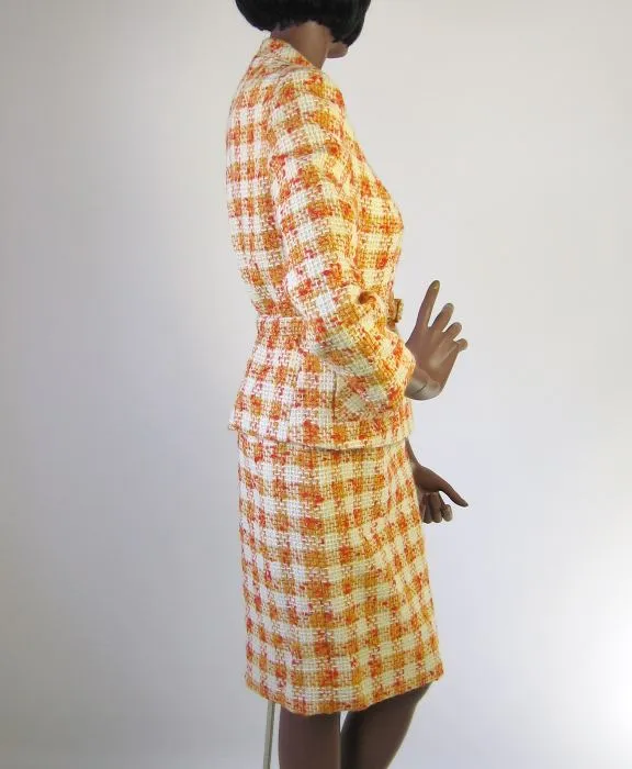 60s Women's Skirt Suit Outfit Vintage Jacket Mod Sunshine Plaid Small to Medium VFG