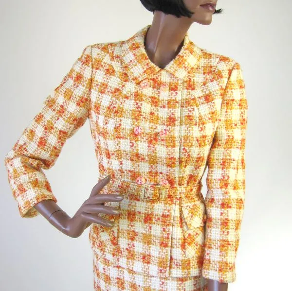 60s Women's Skirt Suit Outfit Vintage Jacket Mod Sunshine Plaid Small to Medium VFG