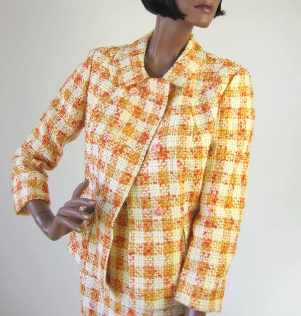 60s Women's Skirt Suit Outfit Vintage Jacket Mod Sunshine Plaid Small to Medium VFG