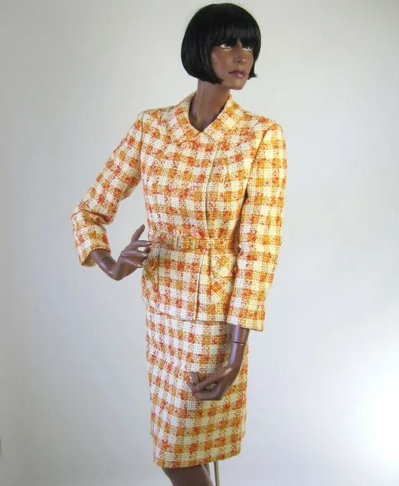 60s Women's Skirt Suit Outfit Vintage Jacket Mod Sunshine Plaid Small to Medium VFG