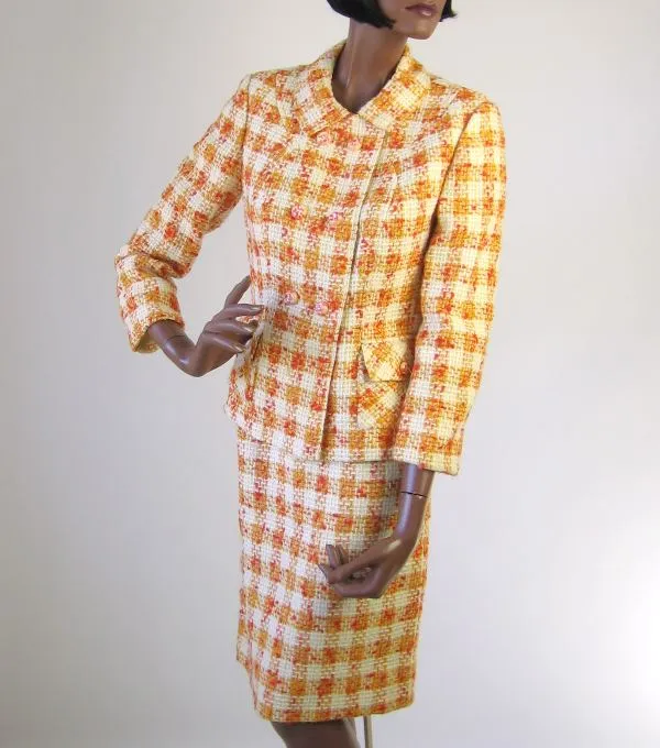 60s Women's Skirt Suit Outfit Vintage Jacket Mod Sunshine Plaid Small to Medium VFG