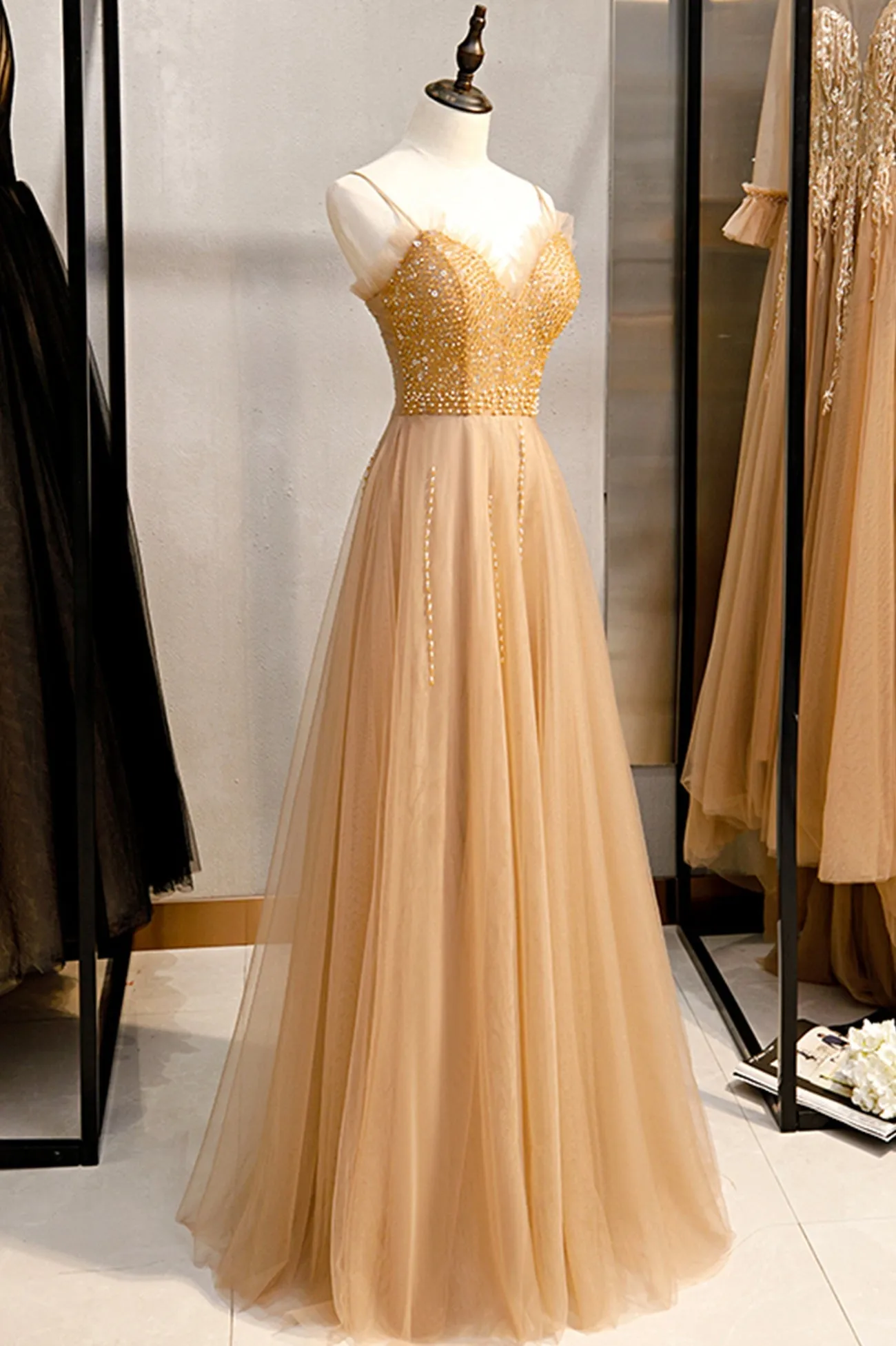 A-Line Spaghetti Straps Tulle Beaded Long Prom Dress, Evening Party Dress