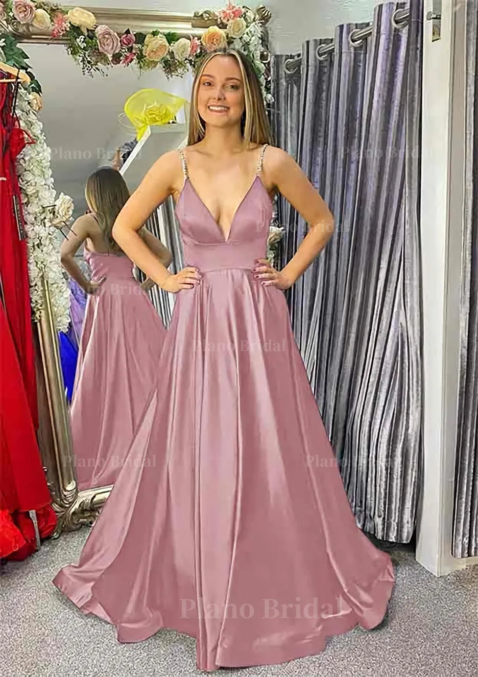 A-line V Neck Sleeveless Satin Sweep Train Prom Dress With Beading