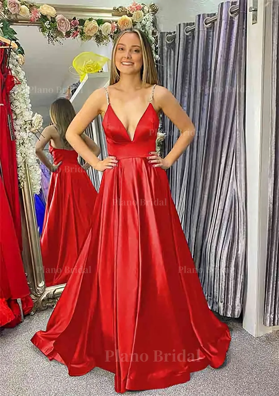 A-line V Neck Sleeveless Satin Sweep Train Prom Dress With Beading