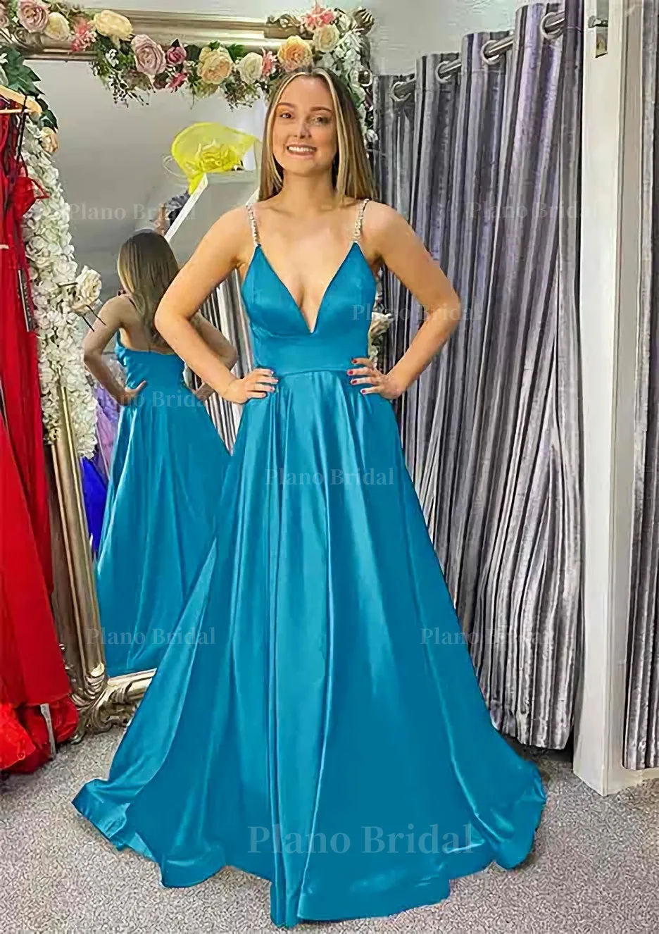 A-line V Neck Sleeveless Satin Sweep Train Prom Dress With Beading