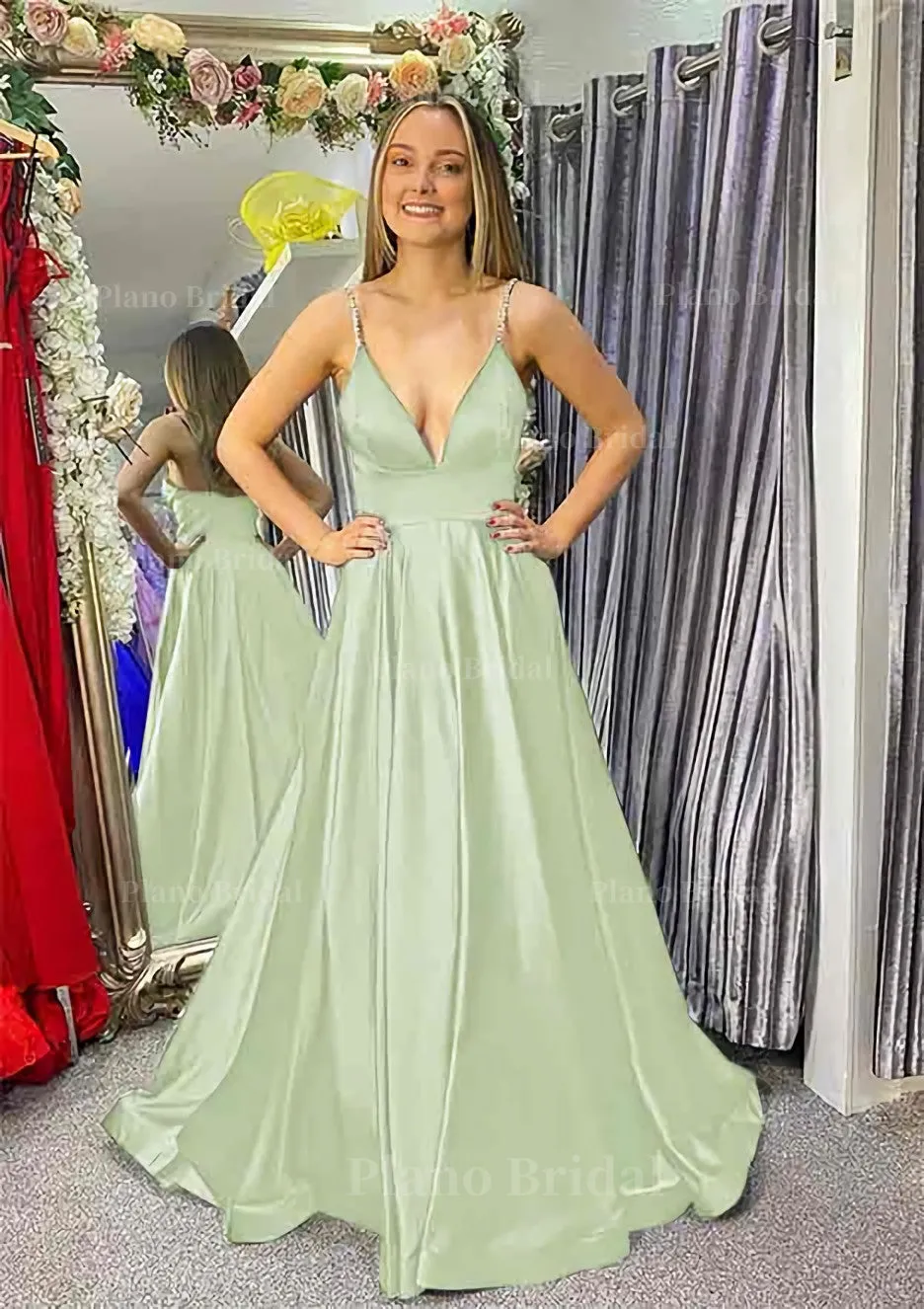 A-line V Neck Sleeveless Satin Sweep Train Prom Dress With Beading