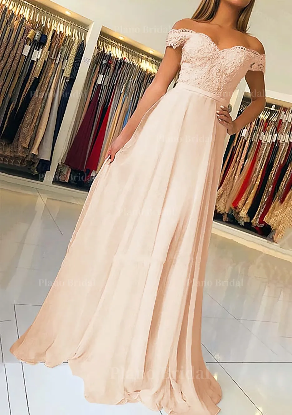 A-line/Princess Off-the-Shoulder Short Sleeve Sweep Train Chiffon Prom Dress With Beading Appliqued