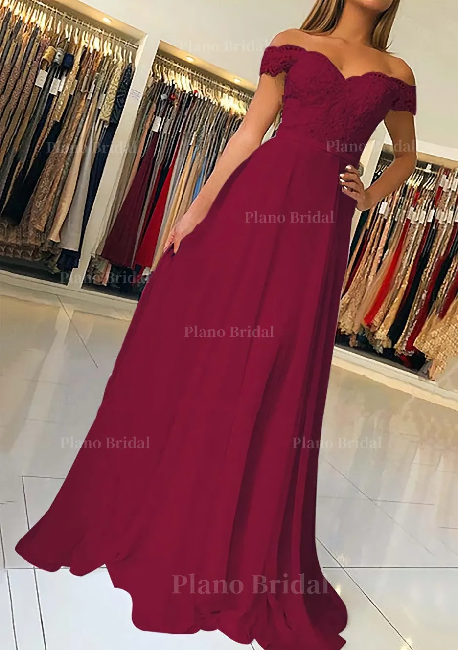 A-line/Princess Off-the-Shoulder Short Sleeve Sweep Train Chiffon Prom Dress With Beading Appliqued