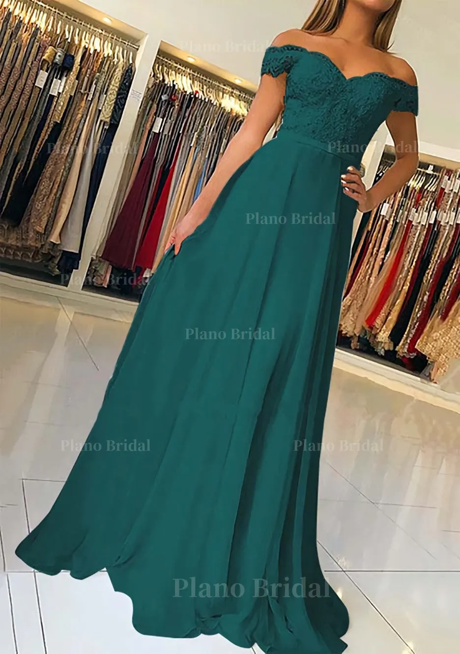 A-line/Princess Off-the-Shoulder Short Sleeve Sweep Train Chiffon Prom Dress With Beading Appliqued