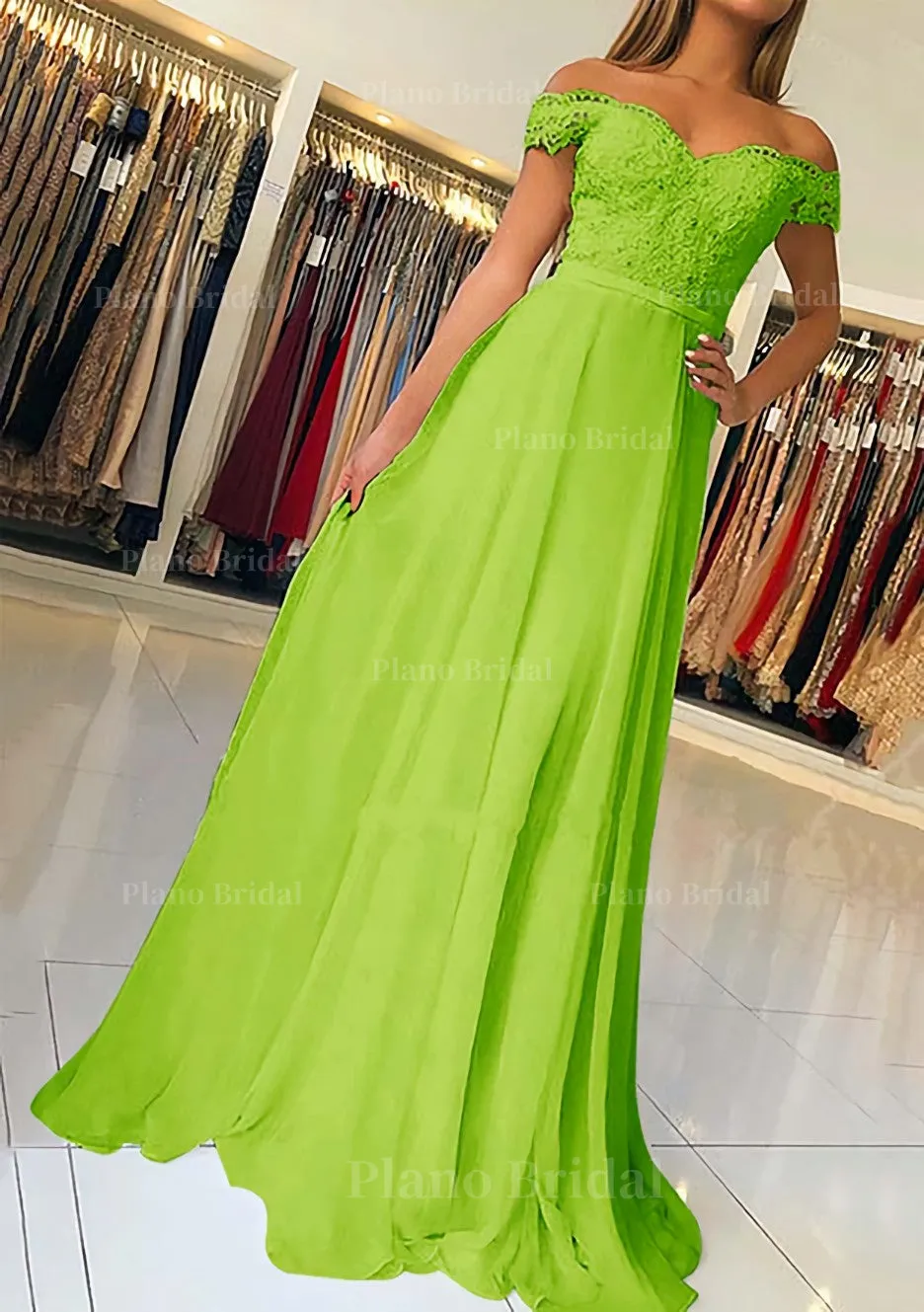 A-line/Princess Off-the-Shoulder Short Sleeve Sweep Train Chiffon Prom Dress With Beading Appliqued