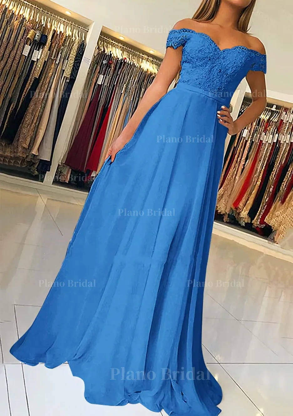 A-line/Princess Off-the-Shoulder Short Sleeve Sweep Train Chiffon Prom Dress With Beading Appliqued