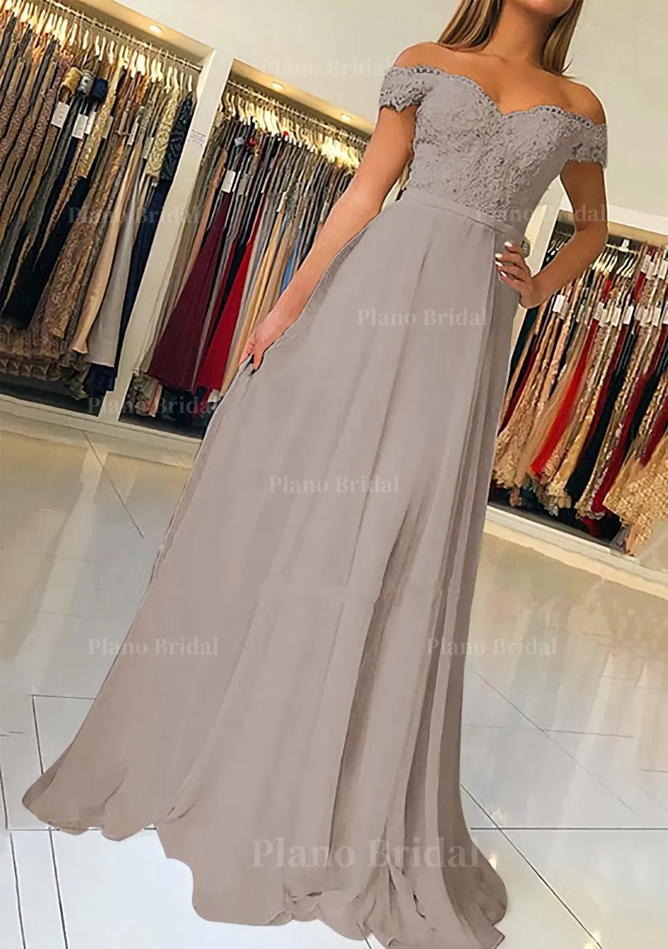 A-line/Princess Off-the-Shoulder Short Sleeve Sweep Train Chiffon Prom Dress With Beading Appliqued