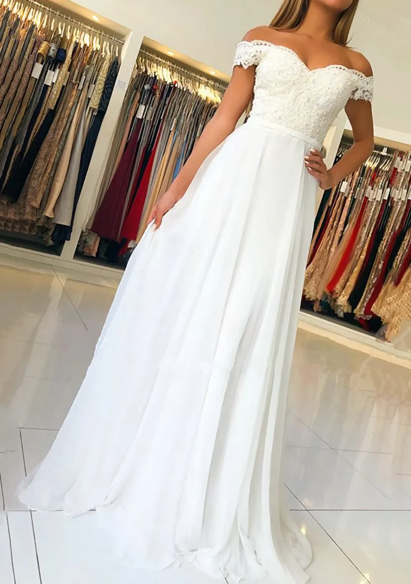 A-line/Princess Off-the-Shoulder Short Sleeve Sweep Train Chiffon Prom Dress With Beading Appliqued