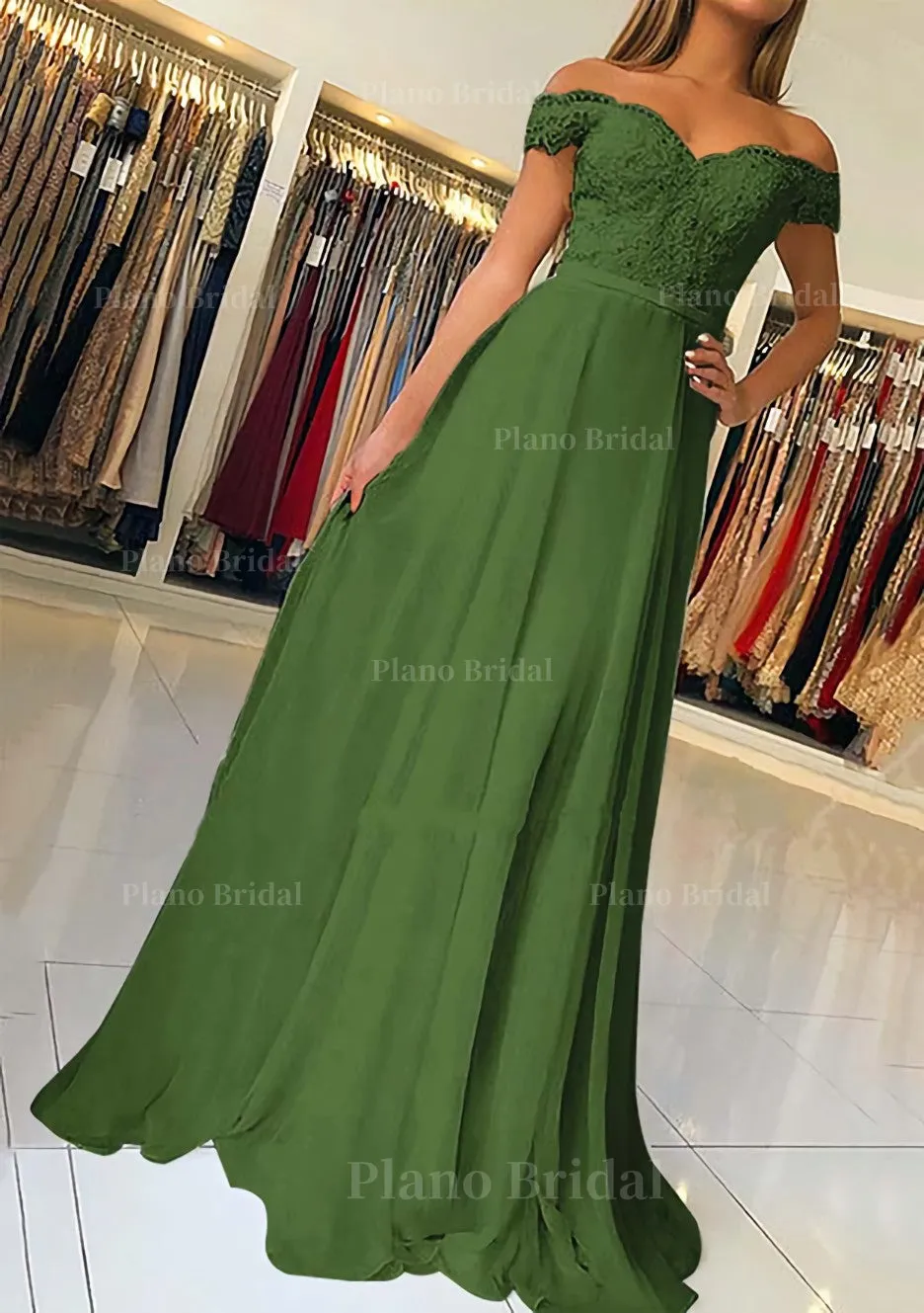 A-line/Princess Off-the-Shoulder Short Sleeve Sweep Train Chiffon Prom Dress With Beading Appliqued