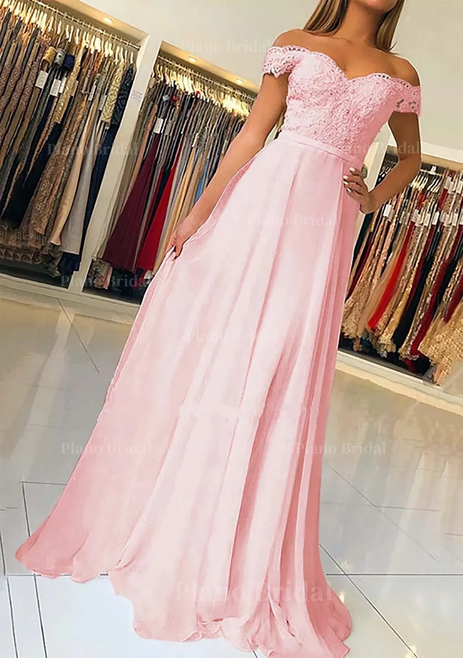 A-line/Princess Off-the-Shoulder Short Sleeve Sweep Train Chiffon Prom Dress With Beading Appliqued