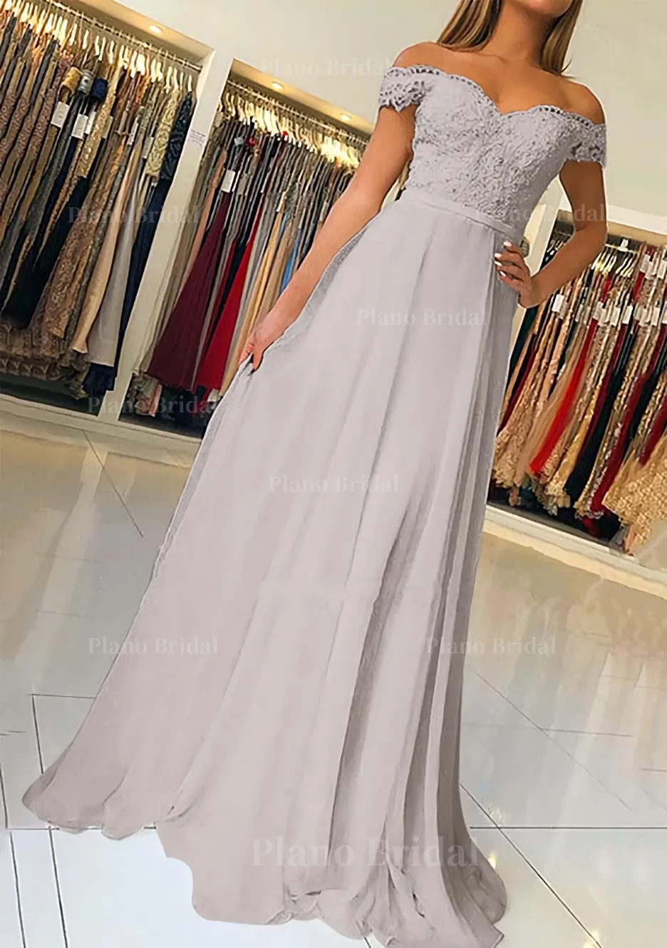 A-line/Princess Off-the-Shoulder Short Sleeve Sweep Train Chiffon Prom Dress With Beading Appliqued