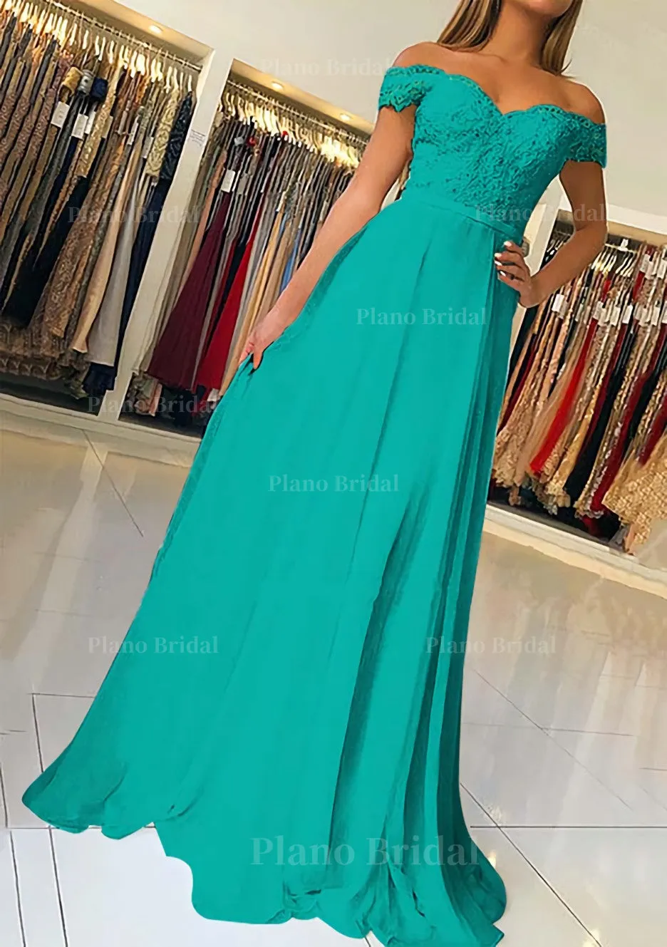 A-line/Princess Off-the-Shoulder Short Sleeve Sweep Train Chiffon Prom Dress With Beading Appliqued