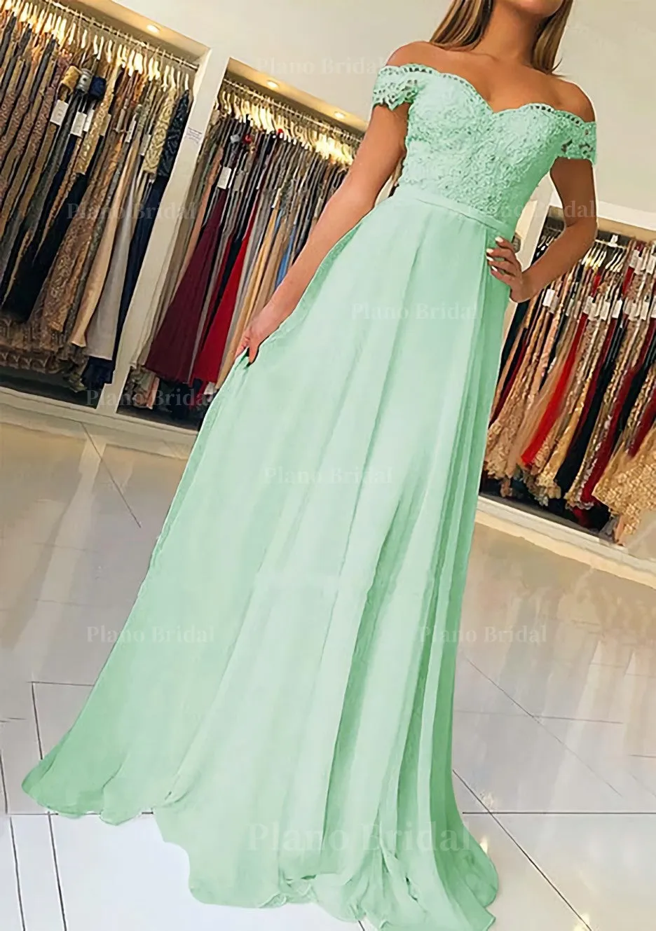 A-line/Princess Off-the-Shoulder Short Sleeve Sweep Train Chiffon Prom Dress With Beading Appliqued