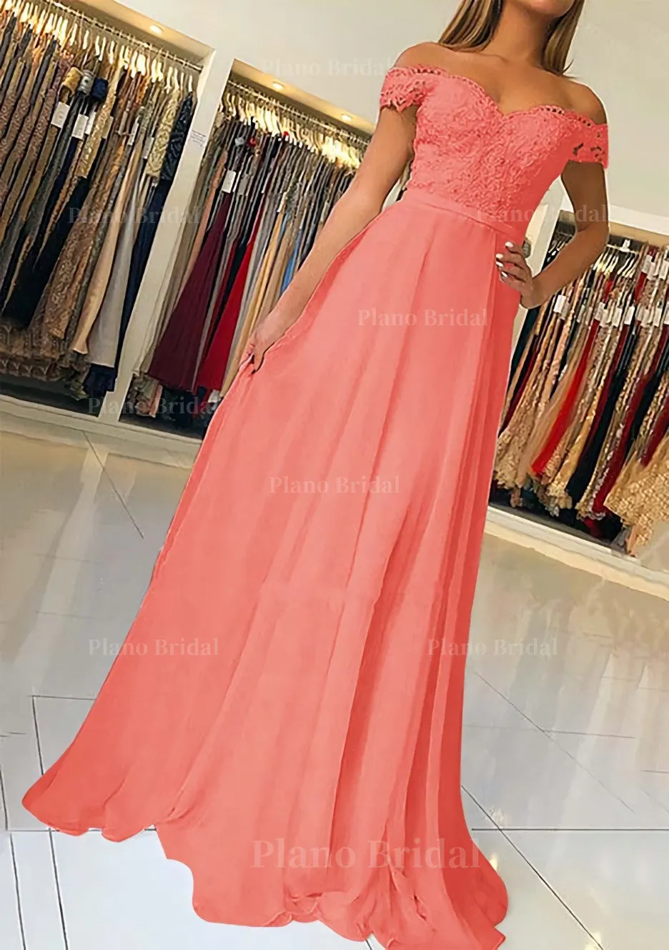 A-line/Princess Off-the-Shoulder Short Sleeve Sweep Train Chiffon Prom Dress With Beading Appliqued