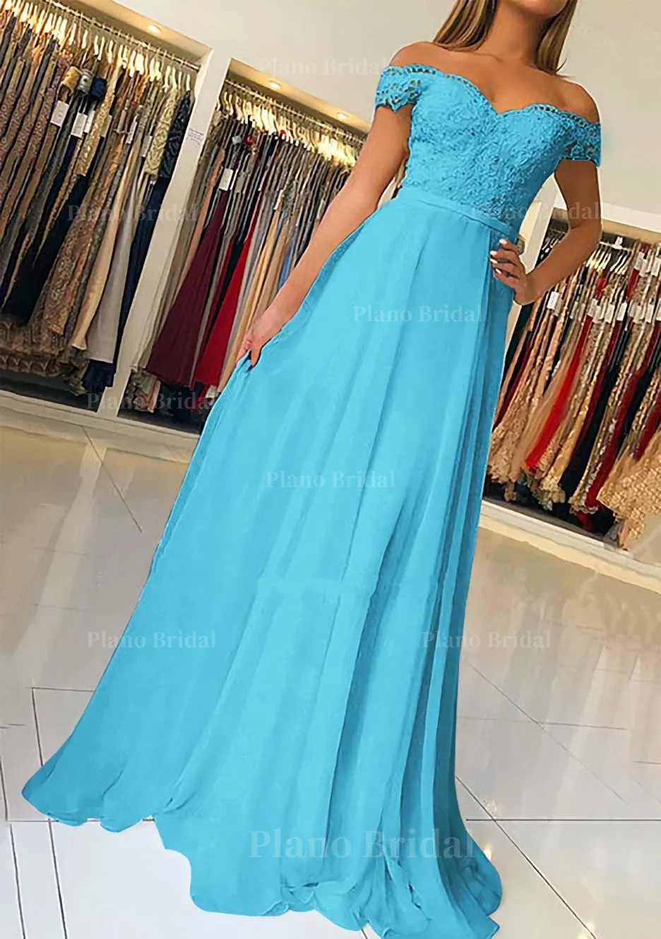 A-line/Princess Off-the-Shoulder Short Sleeve Sweep Train Chiffon Prom Dress With Beading Appliqued